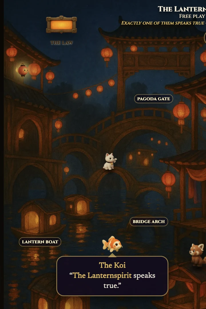 A Fang & Crown puzzle — creatures guard glowing gateways beneath paper lanterns